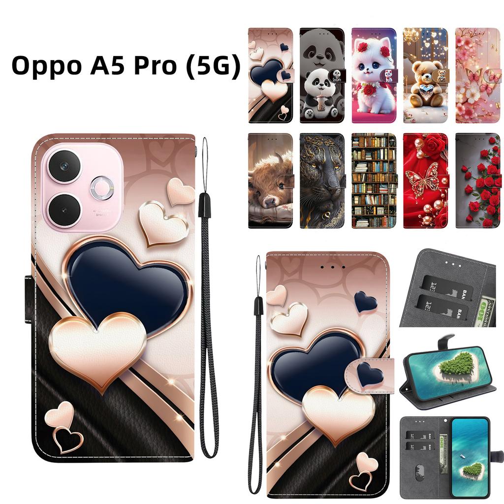 Handgefertigte PU-Leder-Klapphülle für Oppo A5 Pro (5G) Rutschfeste Stoßfeste Hülle mit Handschlaufe & Herz/Rose Katze Designs