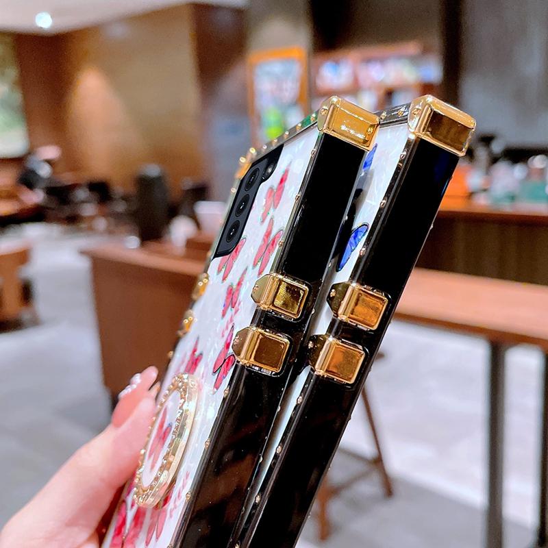 Luxury Butterfly Square Phone Case Cover with Ring Kickstand for iPhone Samsung Xiaomi Huawei OPPO VIVO Holder Back Cover