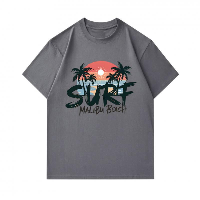 Men's 100% Cotton Crew Neck Short Sleeve T-Shirt, Surf Malibu Beach Retro Palm Sunset Print Casual Breathable Summer Top for Daily Outdoor Surfing Str