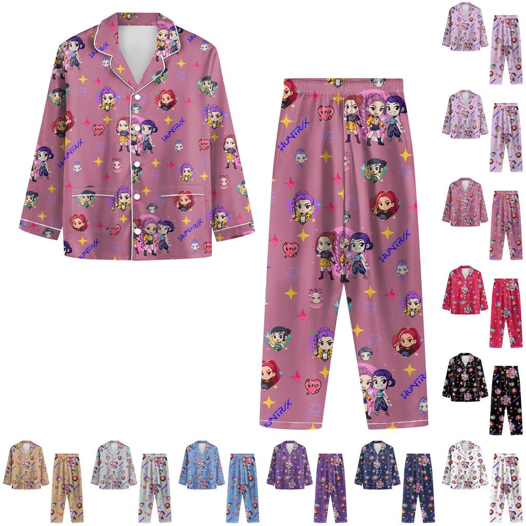 Women's 2 Piece Printed Suit Long Sleeve Button Up Top Wide Leg Pants Suit Set Pajamas Home Casual Suit