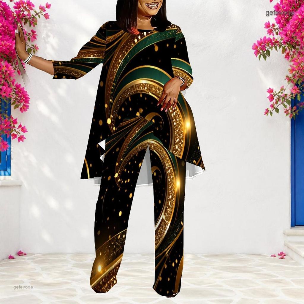 Women Plus Size Round Neck Long Sleeve Printed Irregular Top And Long Pants Two Piece Set