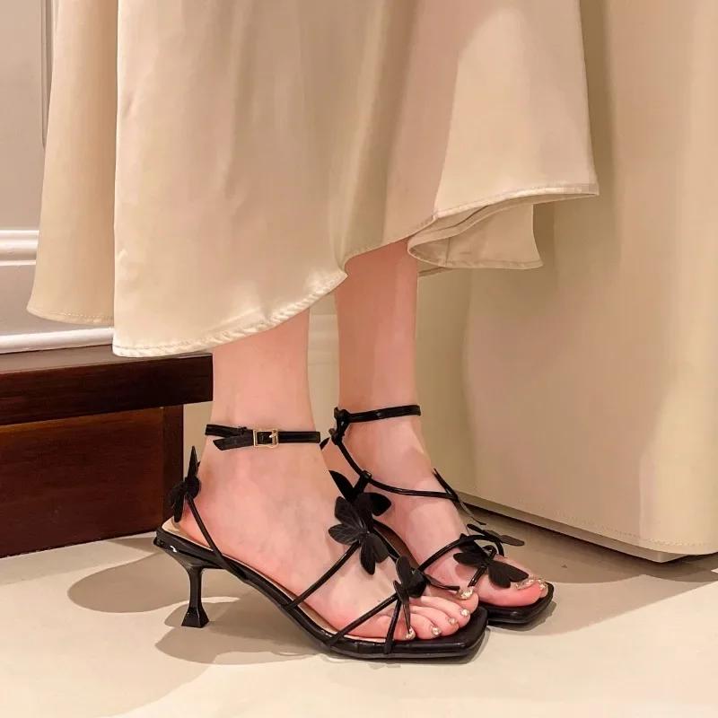 Summer Women's Butterfly High Heel Sandals Square Toe Buckle Casual  Shoes Elegant Stiletto Heel Ankle Strap Party