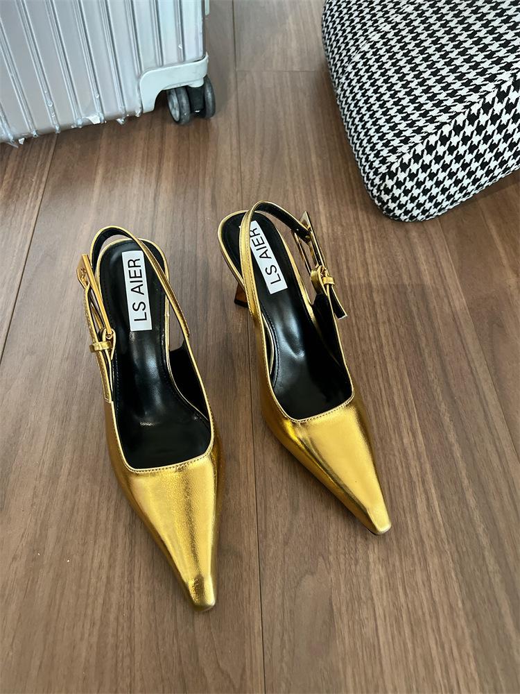 2024 spring new silver pointed high heels women's stiletto temperament royal sister style patent leather sexy single shoes French sandals