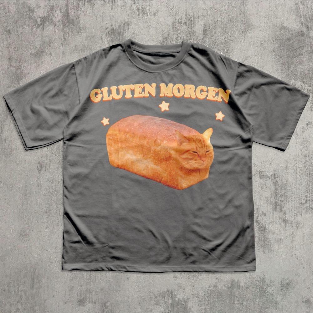Gluten Morgen Cat TShirt Unisex Funny Bread Cat Meme Graphic Tee Humorous Streetwear Short Sleeve Casual Oversized Top M