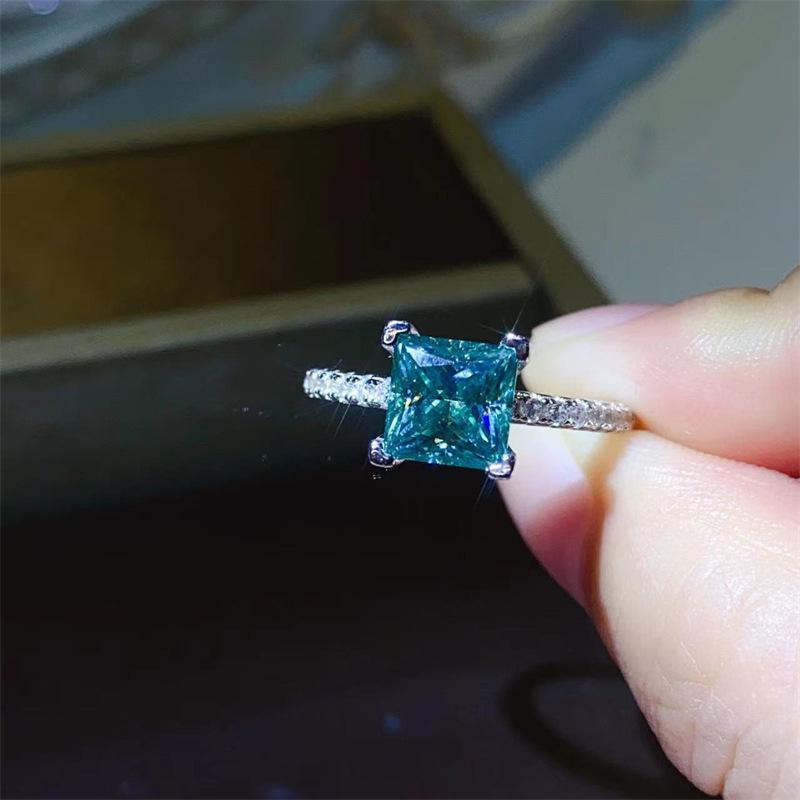 Rose Gold Princess Cut Green Moissanite Ring with AU750 Rose Gold Plating and Certificate