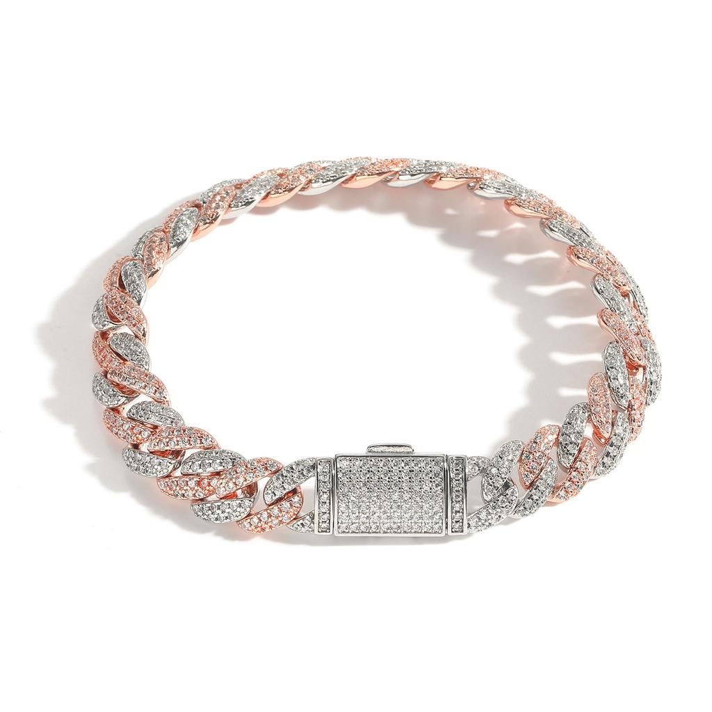 9mm Pink Zircon Geometric Trendy Gold Plated Simple Personalized Cuban Bracelet Micro Inlaid Zircon Men's Women's Gift Jewelry
