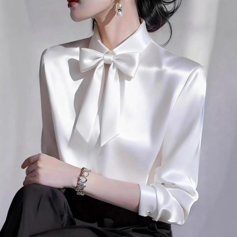 2026 Womens Long Sleeve Blouse With Bow Collar Elegant Casual Shirt In Solid Colors