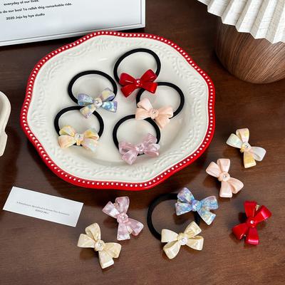 Korean New Cute 4.5cm Stereoscopic Bow Hair Tie Hair Clip For Sweet Girls Rhinestones Acetate Hair Rope Duckbill Clip