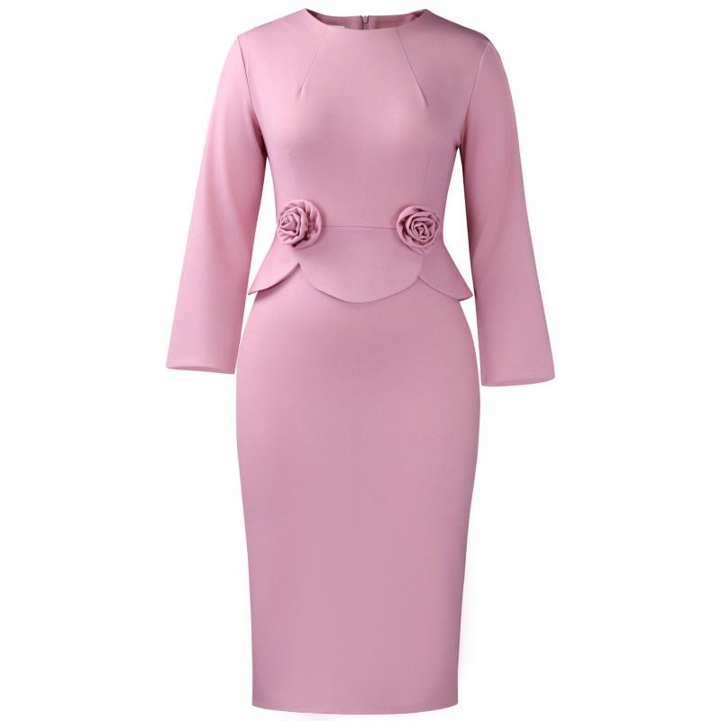 

New Style Fashionable Round Collar Long-sleeved Solid Color Three-dimensional Flower European American Dress S розовый