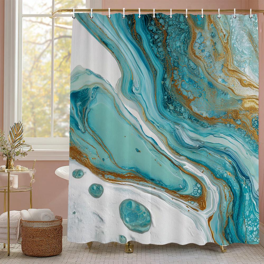 Abstract Ink Black Gold Gray Marbled Shower Curtain, Bathroom Decorative Shower Curtain, Waterproof Shower Curtain With Hooks