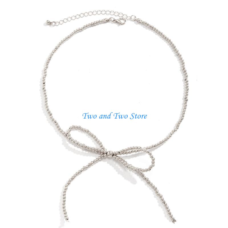 HX6F Stylish Bowknot Chain Choker Necklace Durable Jewelry Gift Trendy Beads Bracelet Bowknot Studs Earrings Alloy Material