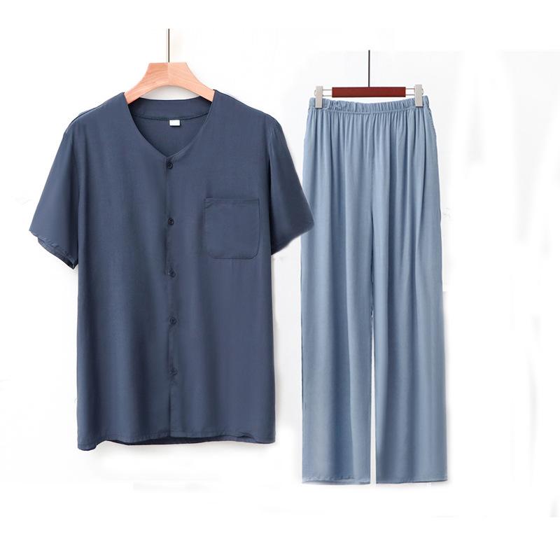 Cardigan manica corta in cotone e seta pigiama da uomo per mezza età e anziani pantaloni estivi sottili in cotone artificiale loungewear da uomo