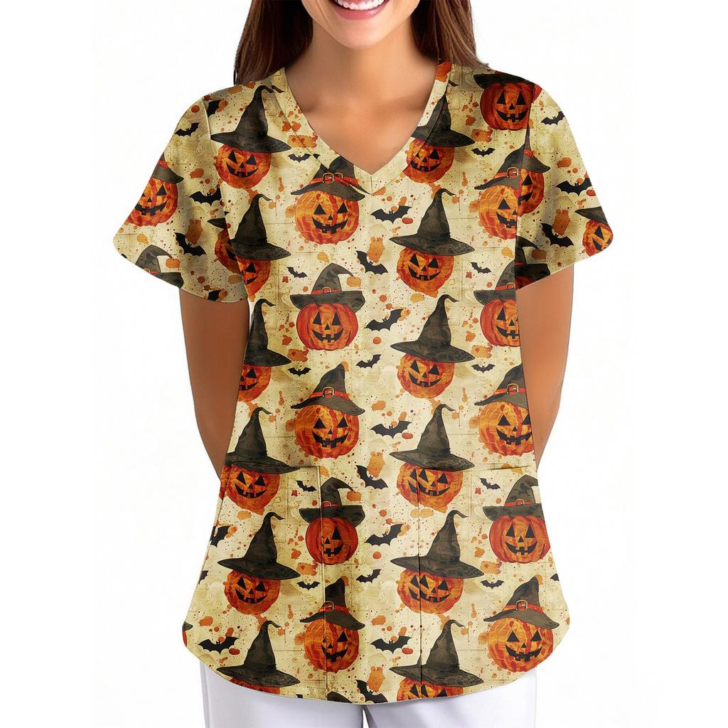 Women's Halloween Printed Loose V-Neck Pocket Short SleevUniform Uniform
