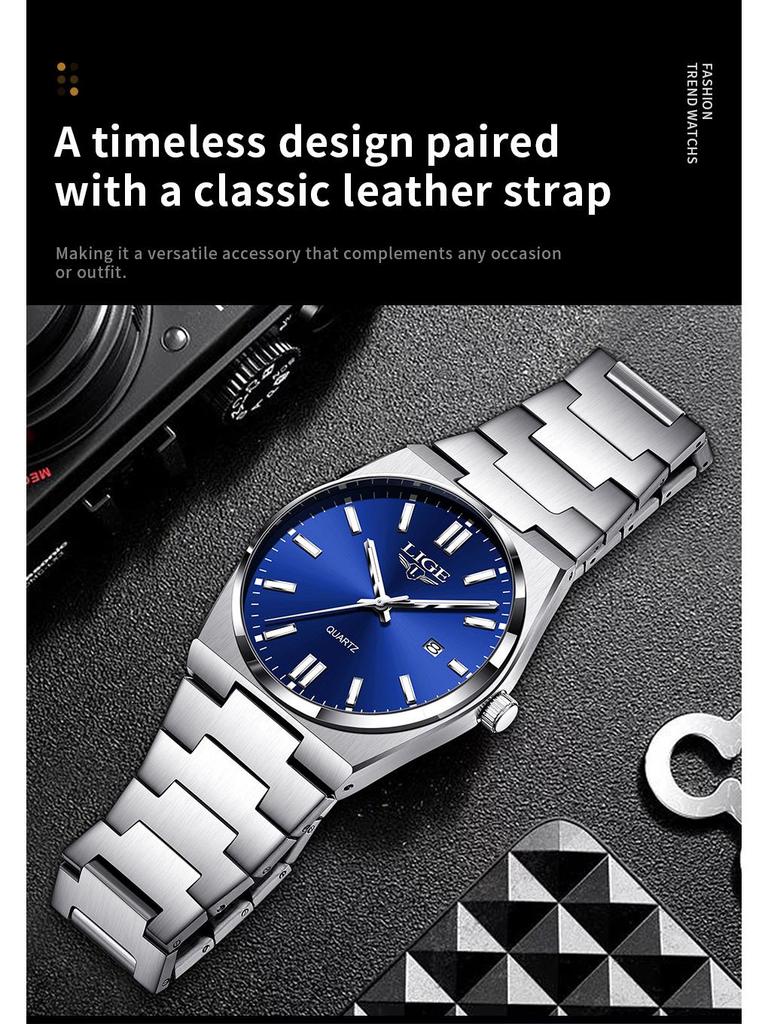 LIGE Waterproof Luminous Men's Quartz Multifunctional Business Watch with Calendar