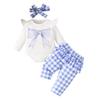 Conjunto de tres piezas de verano para niñas: pantalones largos a cuadros caqui con estampado de lazo de manga larga + diadema