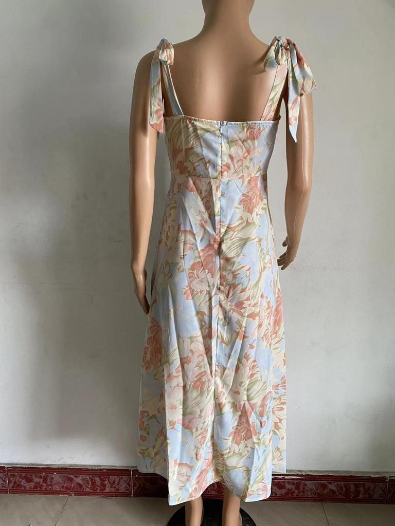 V Neck Strap Printingt Dress Lace Up Knee Length Dress Elegant Sleeveless Dresses Causal Women Dress