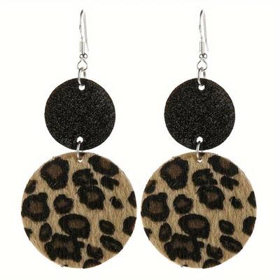 1Pair Round Leopard Print Dangle Earrings, Cheetah Pu Leather Circle Hoop Earrings Jewelry Gift  Vintage Inspired Retro and Bold Western Style