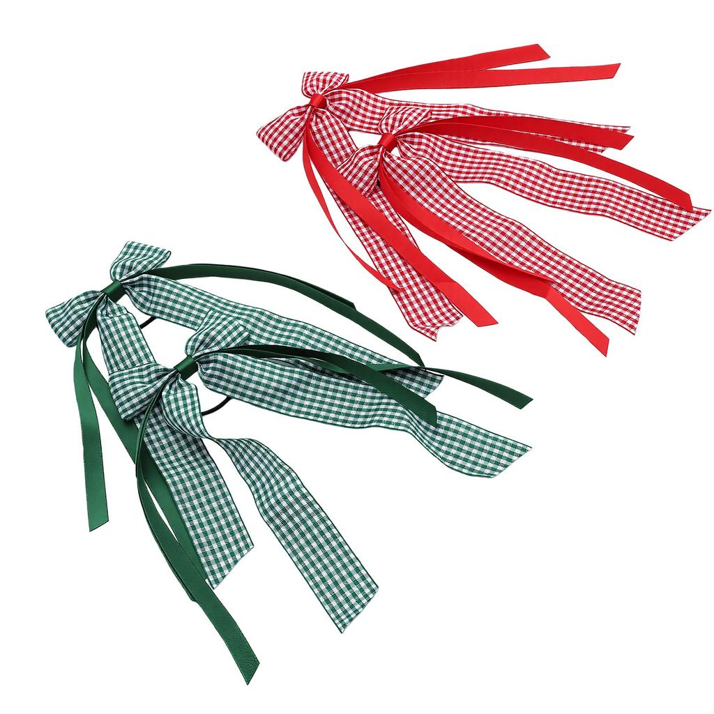 2 Pairs Gingham Hair Bows Scrunchies with Satin Ribbon Polyester Gingham Bow Hair Ties