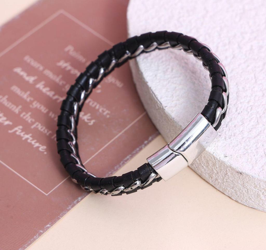 Men's Titanium Steel Woven Leather Bracelet: European-American Style, Korean Trend, Simple Bangle