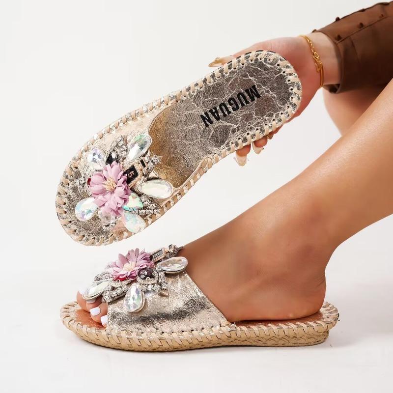 

Летняя мода, новые цветочные стразы, простые односложные классные тапочки для женщин, мягкая подошва, пляжные тапочки 40