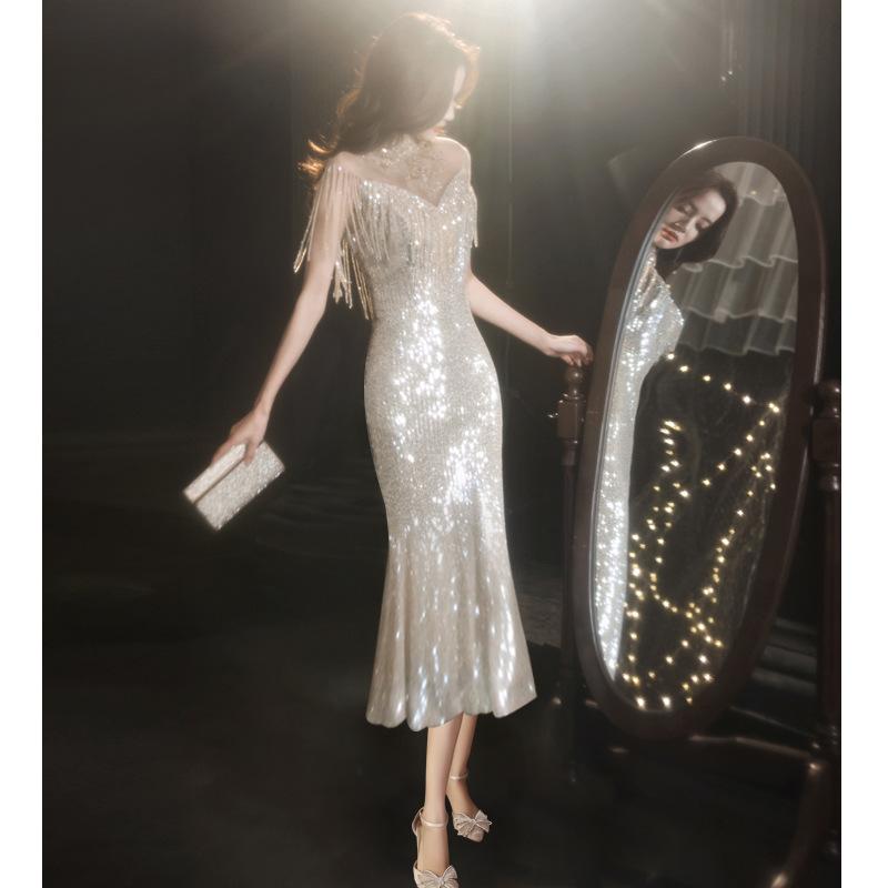 Fishtail Evening Dress Women's 1011 New Summer Banquet Temperament Host Golden Annual Meeting Celebrity Long Dress
