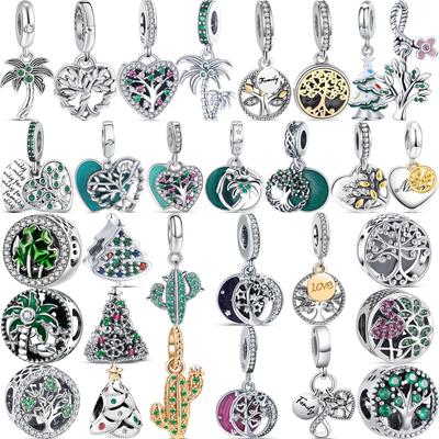 100% 925 Solid Silver Green Tree Coconut Tree Zircon Eternal Family Love Beads Fit Original  Charms Bracelet Fine Jewelry