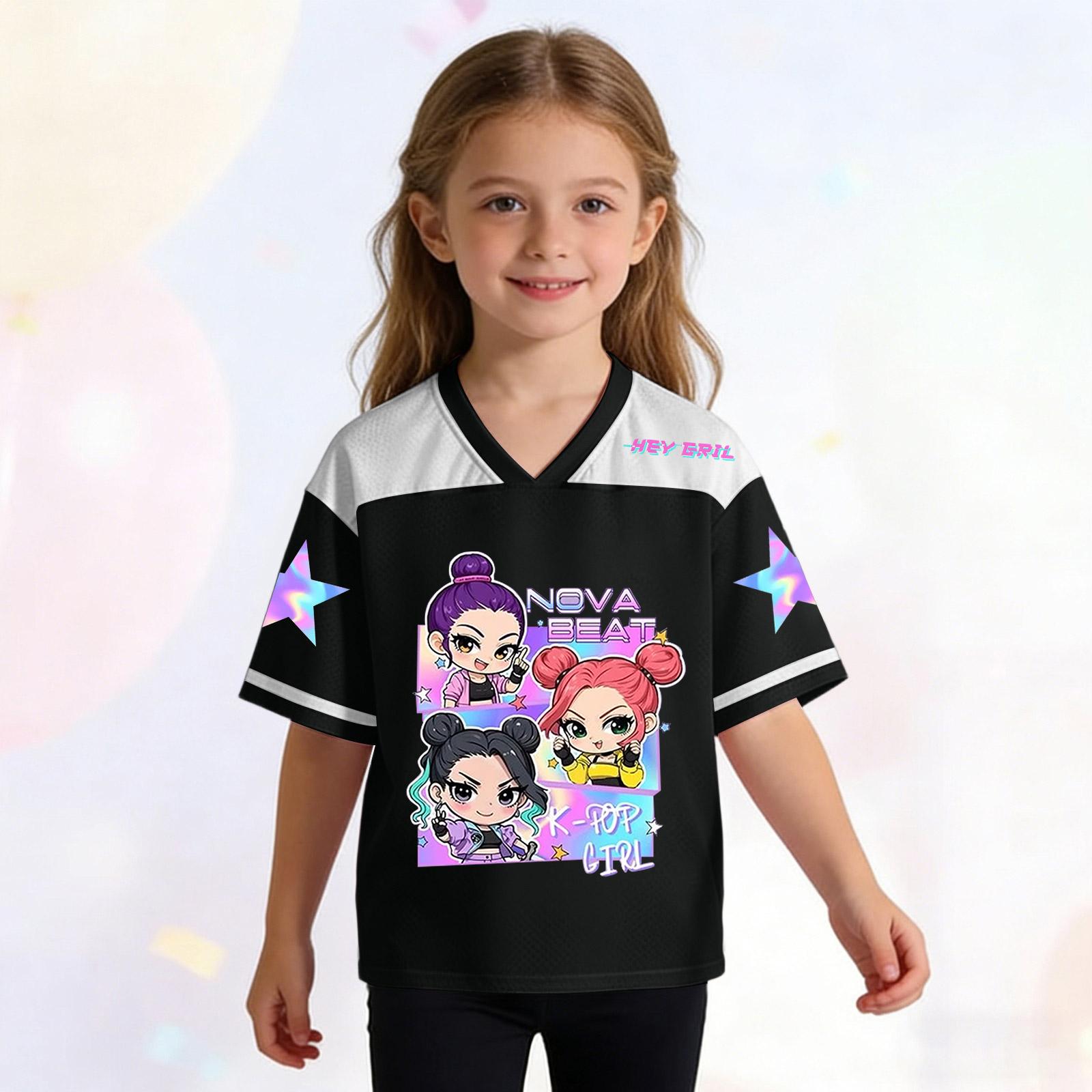 Детский модный топ-свитер с принтом, V-образным вырезом и короткими рукавами для девочки 140 чёрный