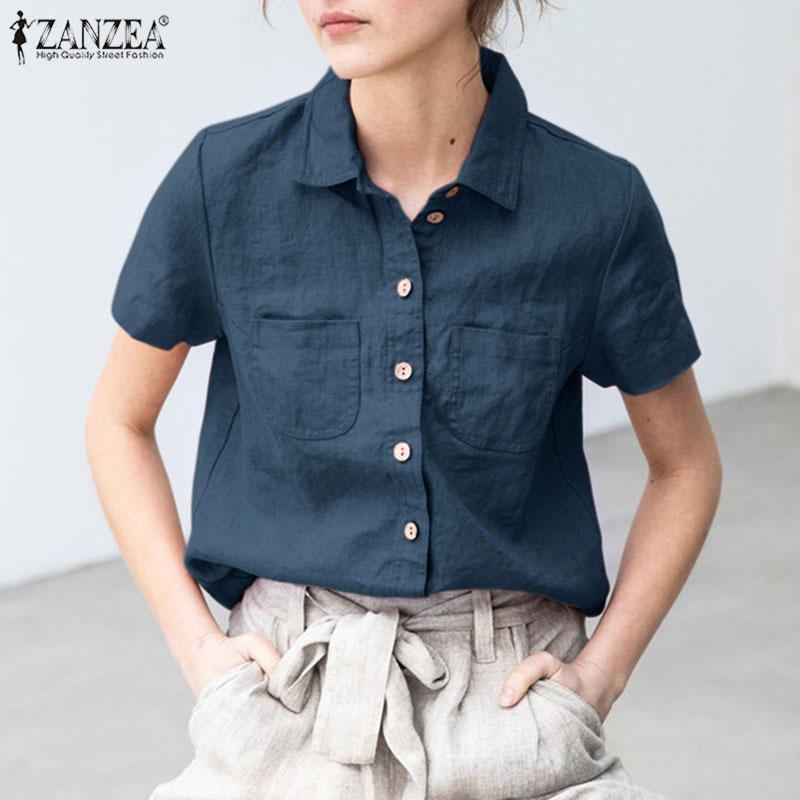 

ZANZEA Женские блузки на пуговицах с отложным воротником и короткими рукавами