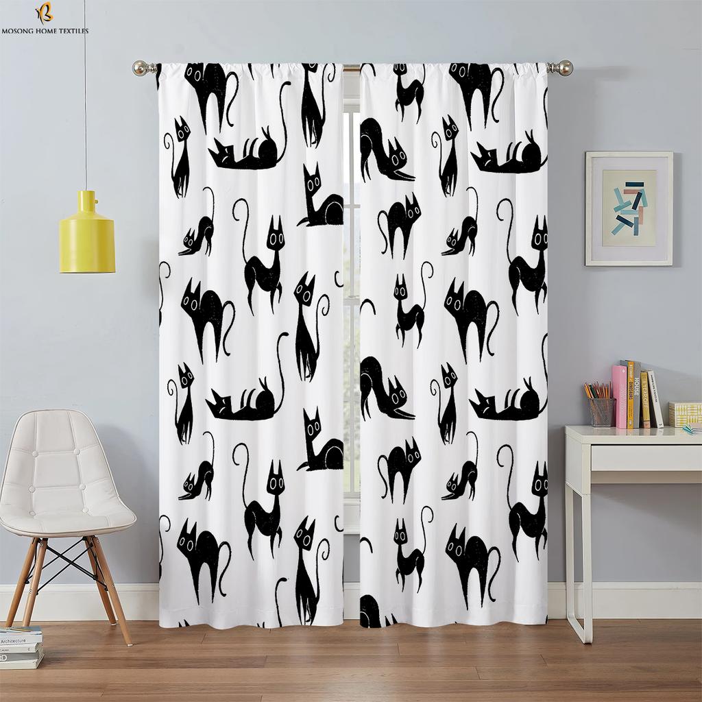 Black Cool Cat Printed Curtain Bedroom Kitchen Living Room Kids Decorative Curtains Set Of 2 Made Polyester With Rod Pocket Sitting Decor