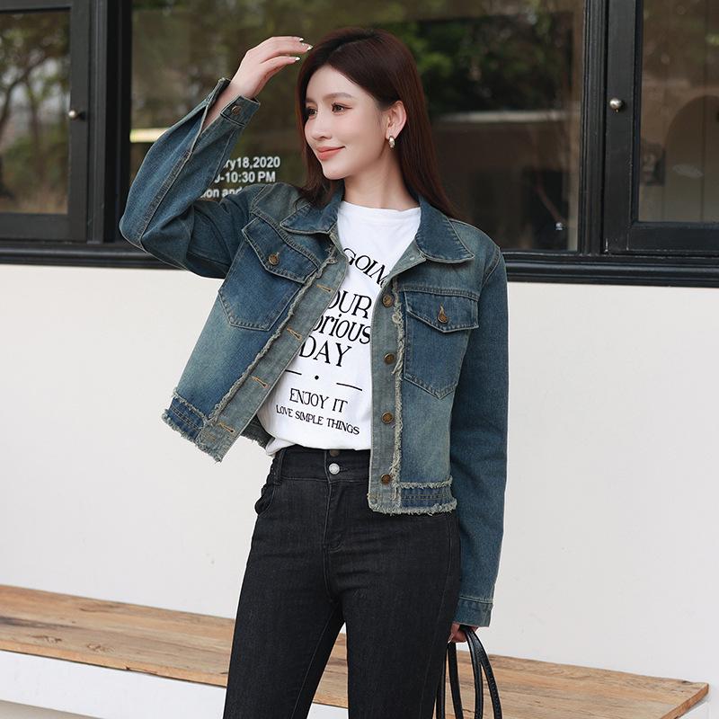 Women's Retro Short Denim Jacket with Polo Collar