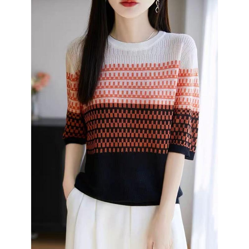 

Женский летний джемпер с круглым вырезом и жаккардовым узором из ледяного шелка, с коротким рукавом, модный и универсальный, прохладная футболка-топ M оранжевый