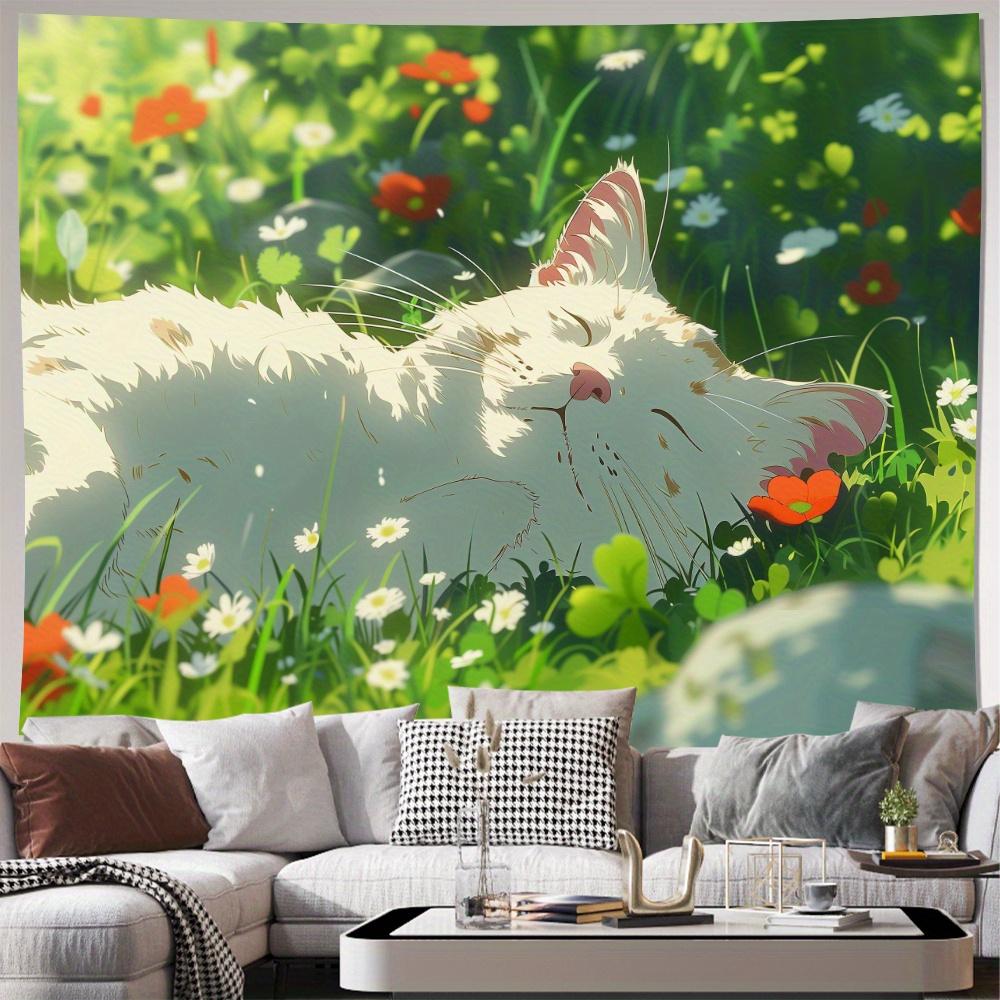 Whimsical Cat Floral Tapestry Boho Wall Hanging Nature Spring Kitten Art Print Cottagecore Decor for Bedroom Living Room