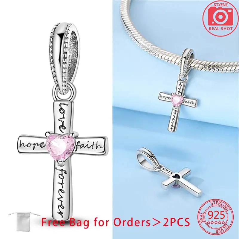 Authentic Pink Zircon Love Cross Wing Cross Retro Pattern Cross Charm Bead Charms Copper Bead Charms Pendant Compatible With Do It Yourself Bracelets