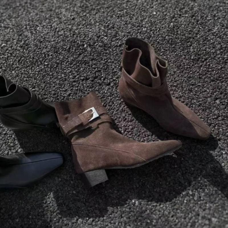 Mid Heels Women Pointed Toe Short Boots Designer Elegant 2025 New Shoes Winter Chelsea Classical Ankle Boots Dress Buckle Pumps