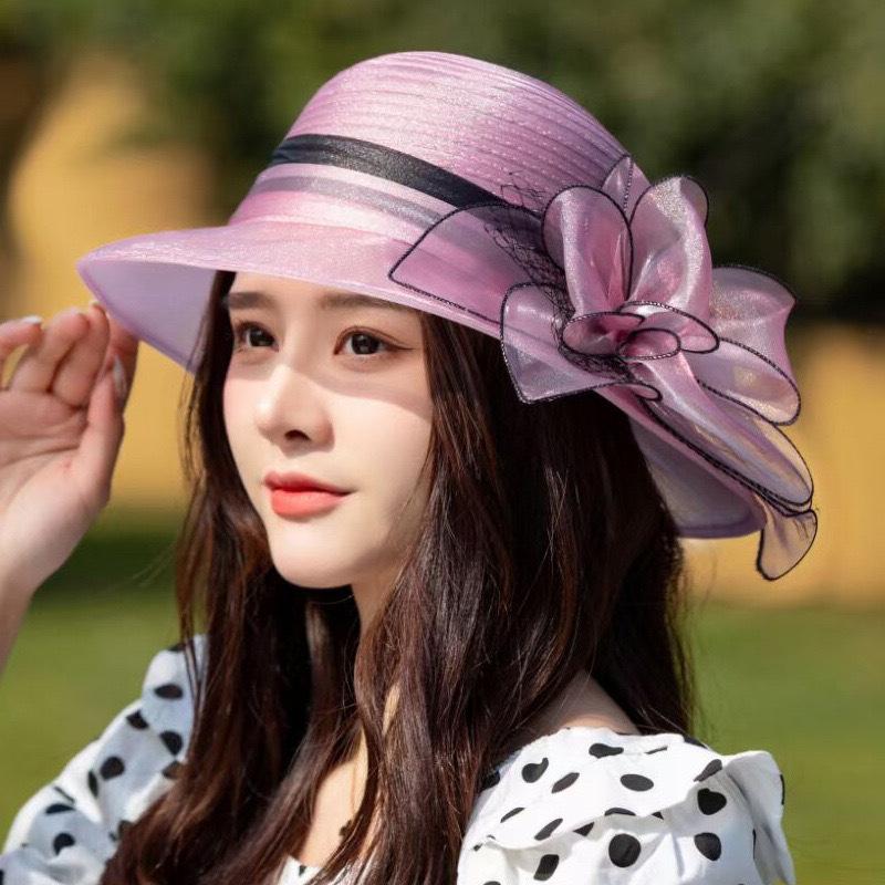 Pălărie de soare din organza elegantă pentru femei cu accente florale - Căciulă de soare respirabilă, cu protecție UV pentru călătorii în aer liber, vară, pentru femei, elegantă, pălărie de soare