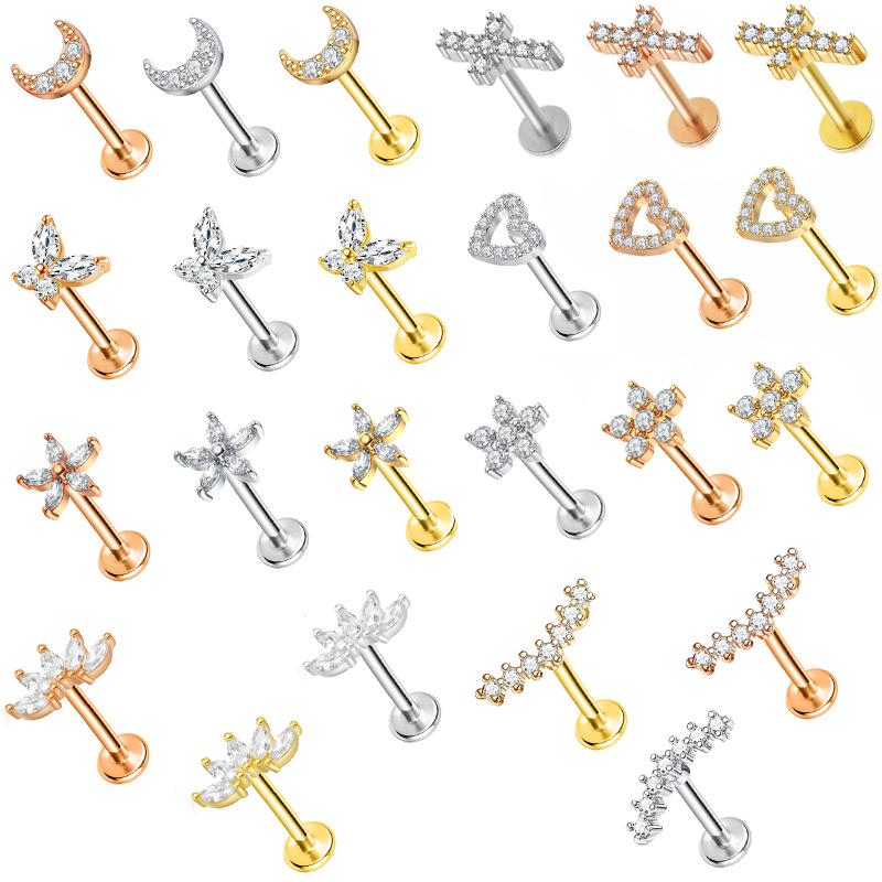 Steel Bar Heart & Cross Zircon Earrings - Women's 16G Cartilage & Lip Studs