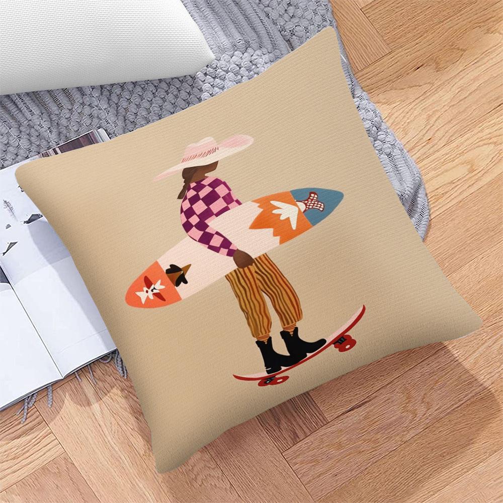 1Pc Western Cowgirl Surf Skate Pillow Cover, Polyester 2D Double Sided Print Cushion Case, Boho Surfing Cowgirl Art Throw Pillow