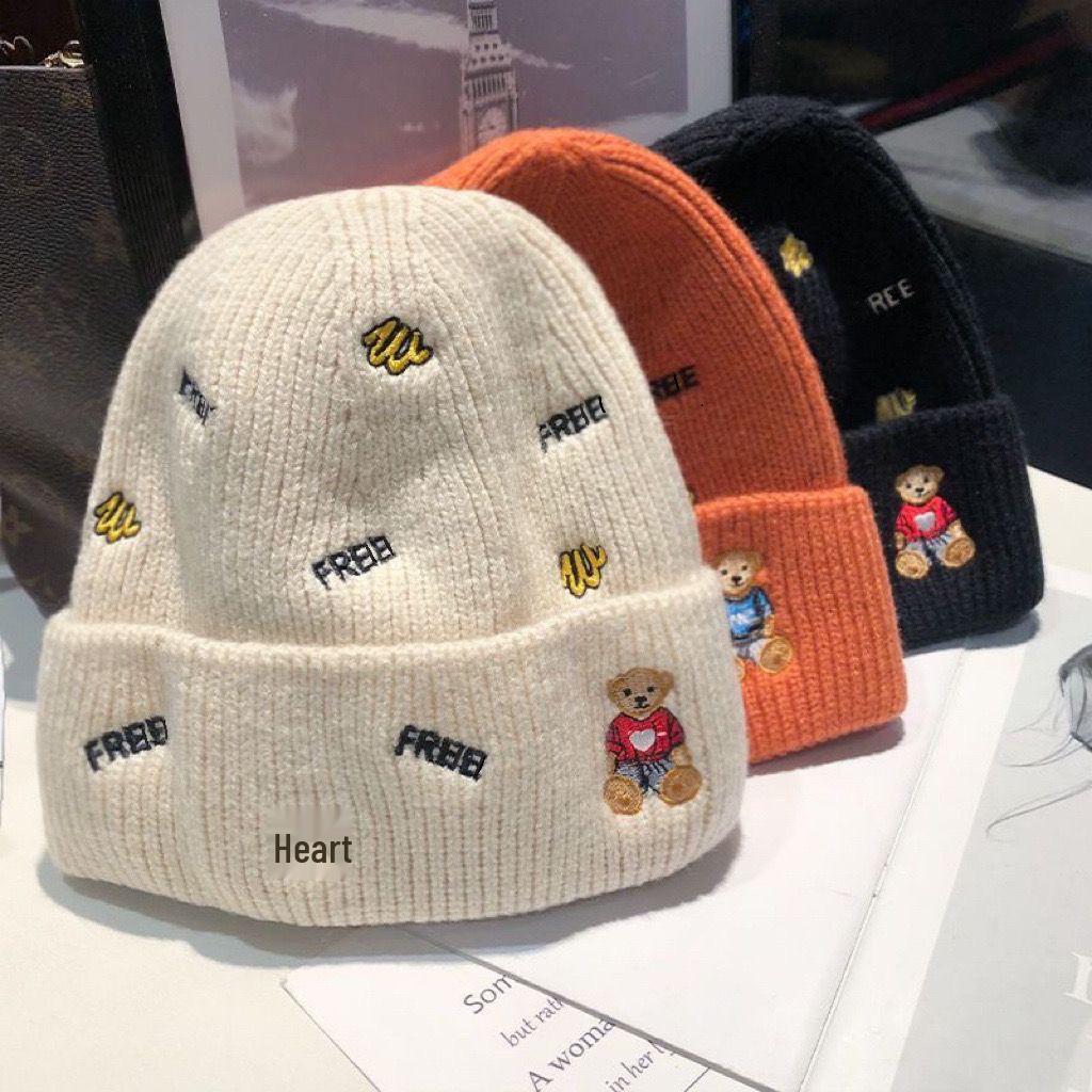 Women's Cute Bear Woolen Hat: Fashionable, Warm, Versatile Knitted Beanie with Ear Protection and Embroidery