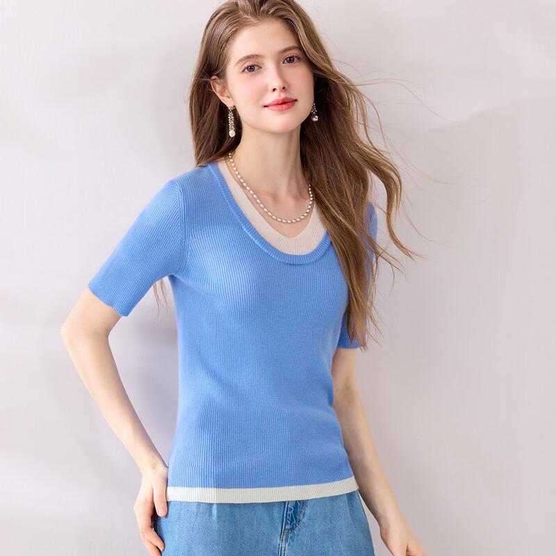 Snowforte Women's Slim-Fit Two-Tone Half-Sleeve Knit Top