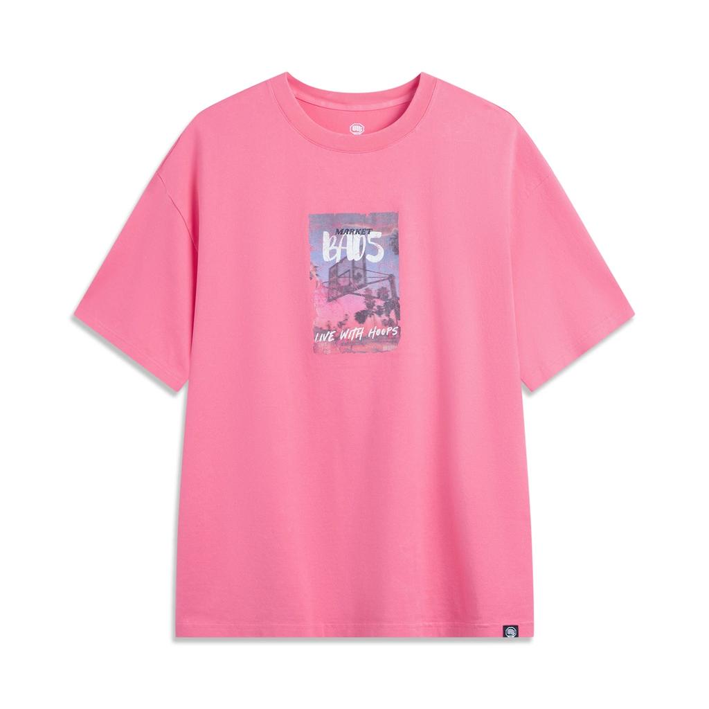 Li Ning T Shirts Men's Blossom Dan Pink Crew Neck Moderate Straight Fit AFDV569-4