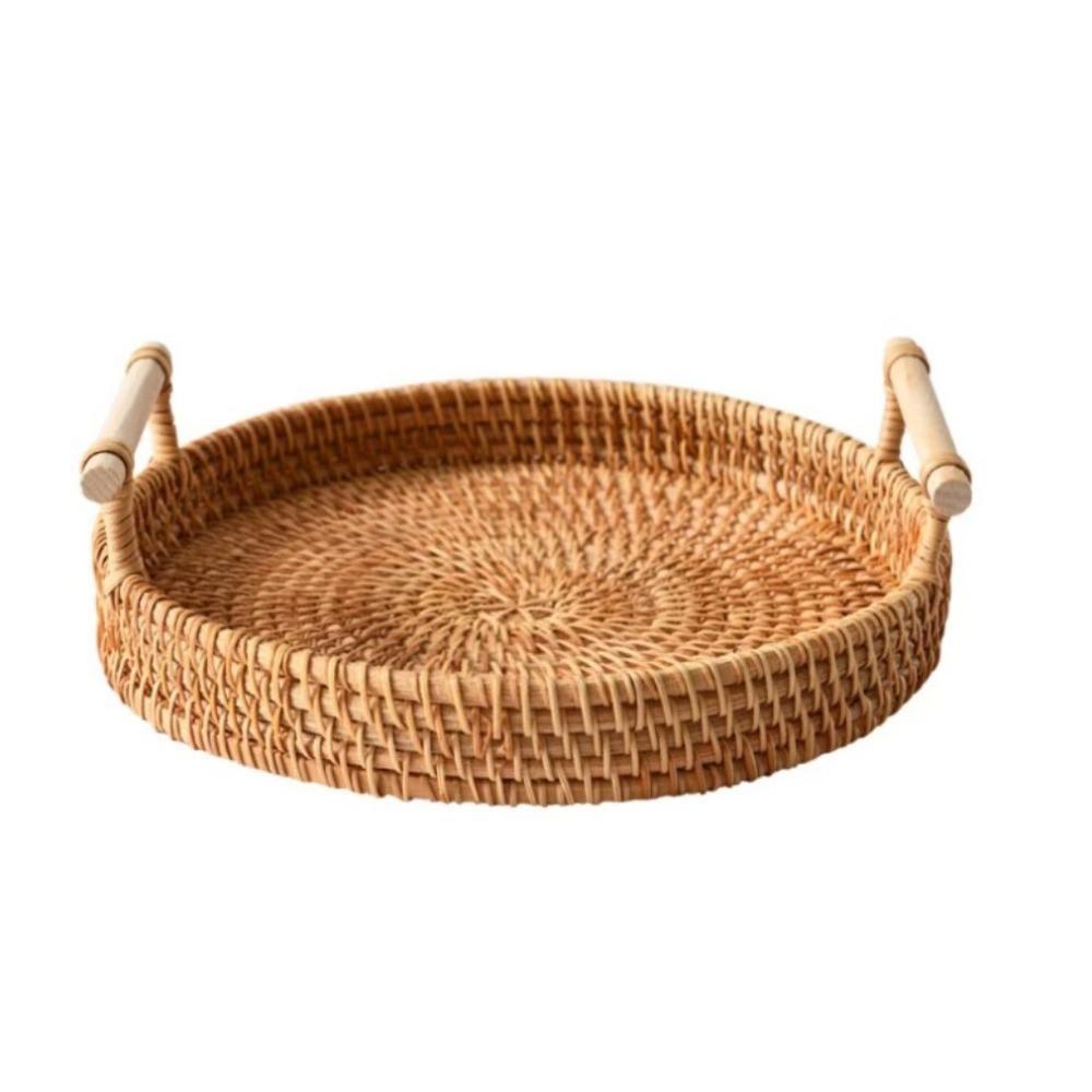 Handwoven Handmade Rattan Tray Round Shape Eco-Friendly Wicker Serving Tray with Handles Large Capacity Food Storage Basket