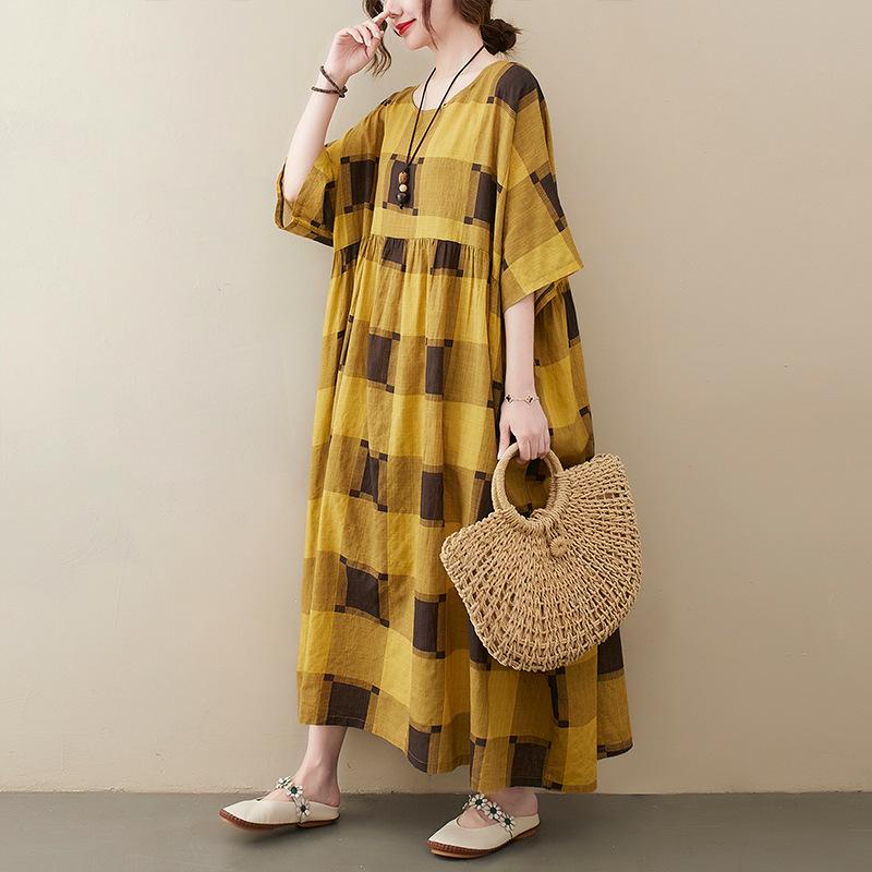 

Летнее хлопковое трикотажное платье-свинг большого размера в клетку, 2023 One Size жёлтый