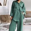 Damen Baumwoll- und Hanf-Set Einfarbiges Kragenhemd Hochtaillierte Weitbein-Hose Elegantes Zweiteiler-Set