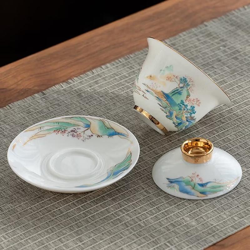 Gold Inlaid Jade Porcelain Landscape Tea Set