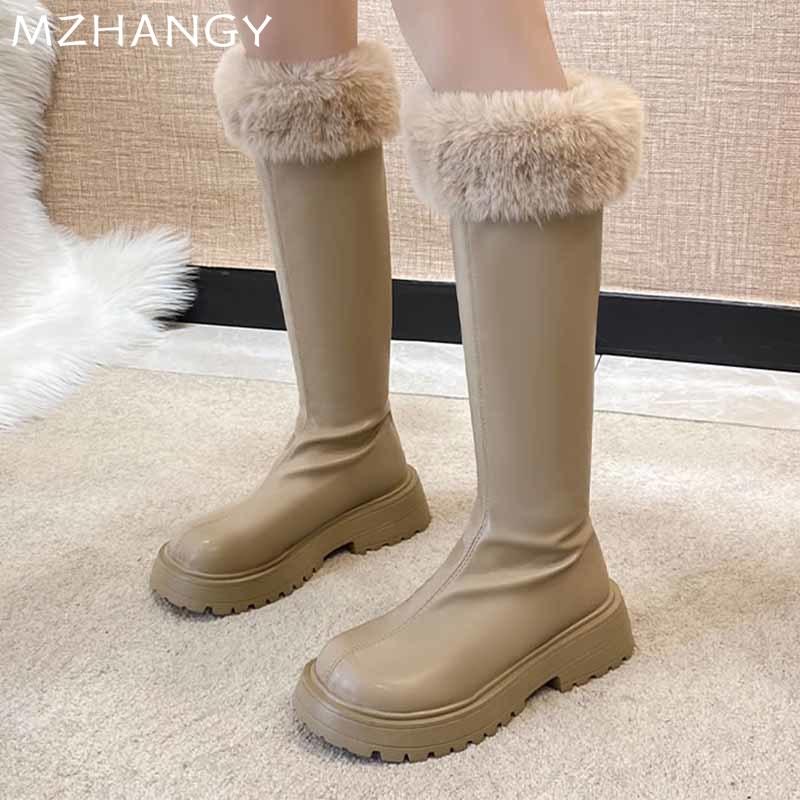 Pelz Plateau Damen High Heels Designer Elegant Mittelhoch Leder Schuhe Frau 2025 Trend Winter Pumps Fad Chelsea Stiefel Frau