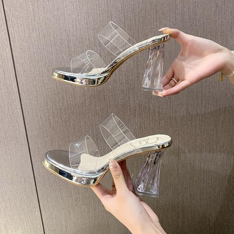 Transparent Open-toe One-word with Thick Heel Waterproof Table High-heeled Sandals 2025 New Summer Fairy Style Versatile Slippers