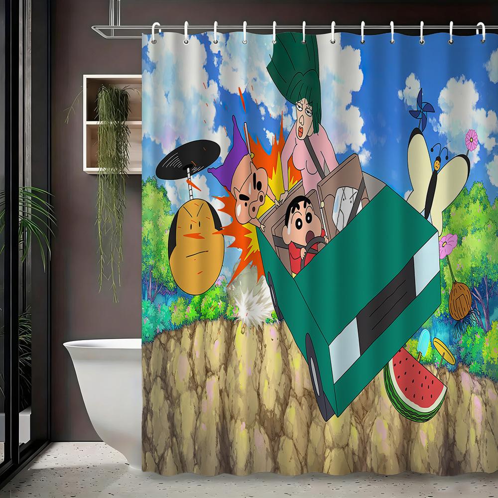 Crayon Shin-Chan & Himawari Superhero Press Conference Scene 2D Print Waterproof Shower Curtain, Blue Cityscape Bathroom Decor W