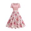 Women's Square Neck Short Sleeve Midi Dress Regular Fit Mid Waist Vintage Floral Print Swing Tea Length Dress With Belt