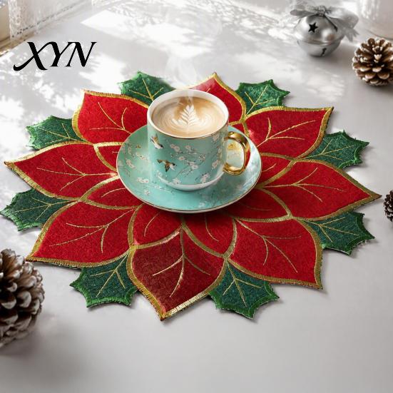 Seasonal Tableware for Kitchen Christmas Floral Leaf Placemat Dining Table, Decorative Polyester Fabric Table Reusable Linens Mats with Festive Leaves