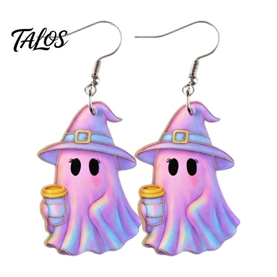 Burr-free Smooth Earrings 1 Pair Acrylic Halloween Earrings, Cute Pink Ghost Dangle Curved Hook Drop Holiday Costume Jewelry for Women Bow Detail